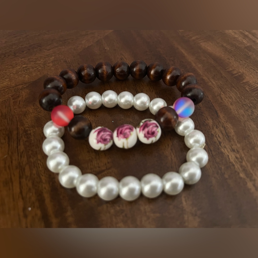 Pearl and Wood English Rose Beaded Bracelets Handcrafted